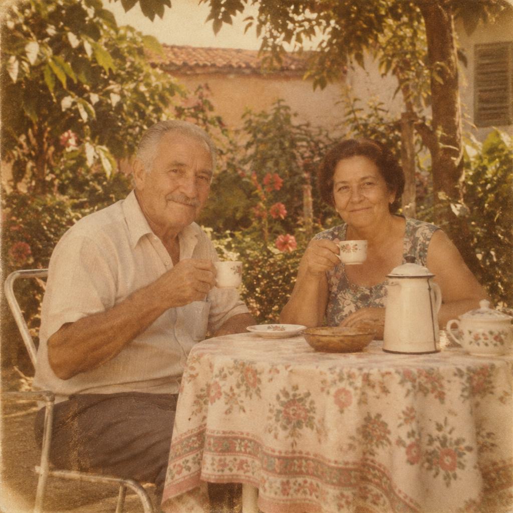 Fotografia antiga de um casal à mesa no jardim