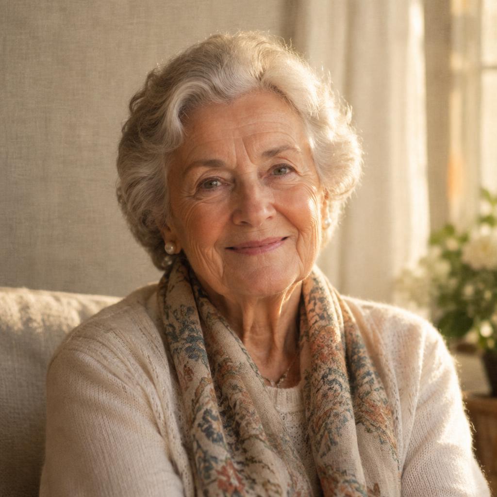 Retrato de uma senhora sorrindo em luz suave de fim de tarde