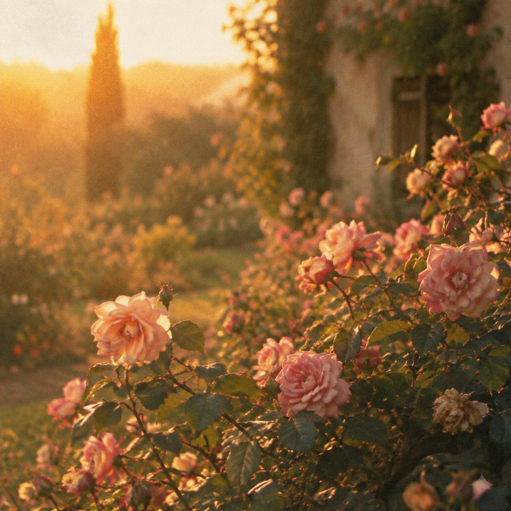 Jardim com roseiras antigas em luz dourada